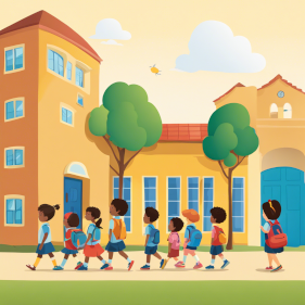 Bambini in fila che entrano nella scuola dell'infanzia