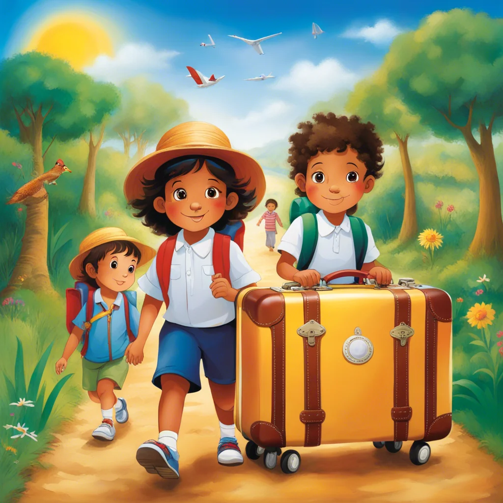 Bambini in viaggio in mezzo ad una foresta con una valigia