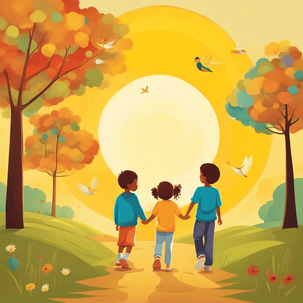 Bambini che si tengono per mano e camminano verso la luce