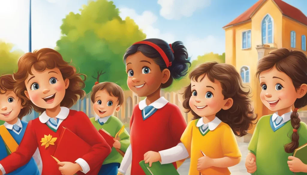 Bimbi che sorridono davanti alla scuola, immagine introduttiva del nostro Piano Triennale Offerta Formativa
